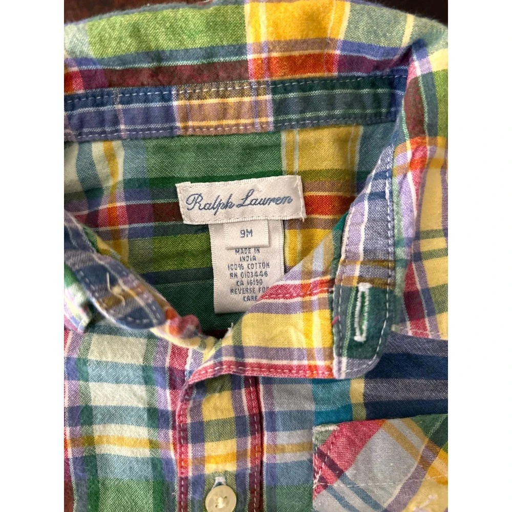 Ralph Lauren Baby Boy Plaid Romper Multicolor Cotton Snap Bottom 9M